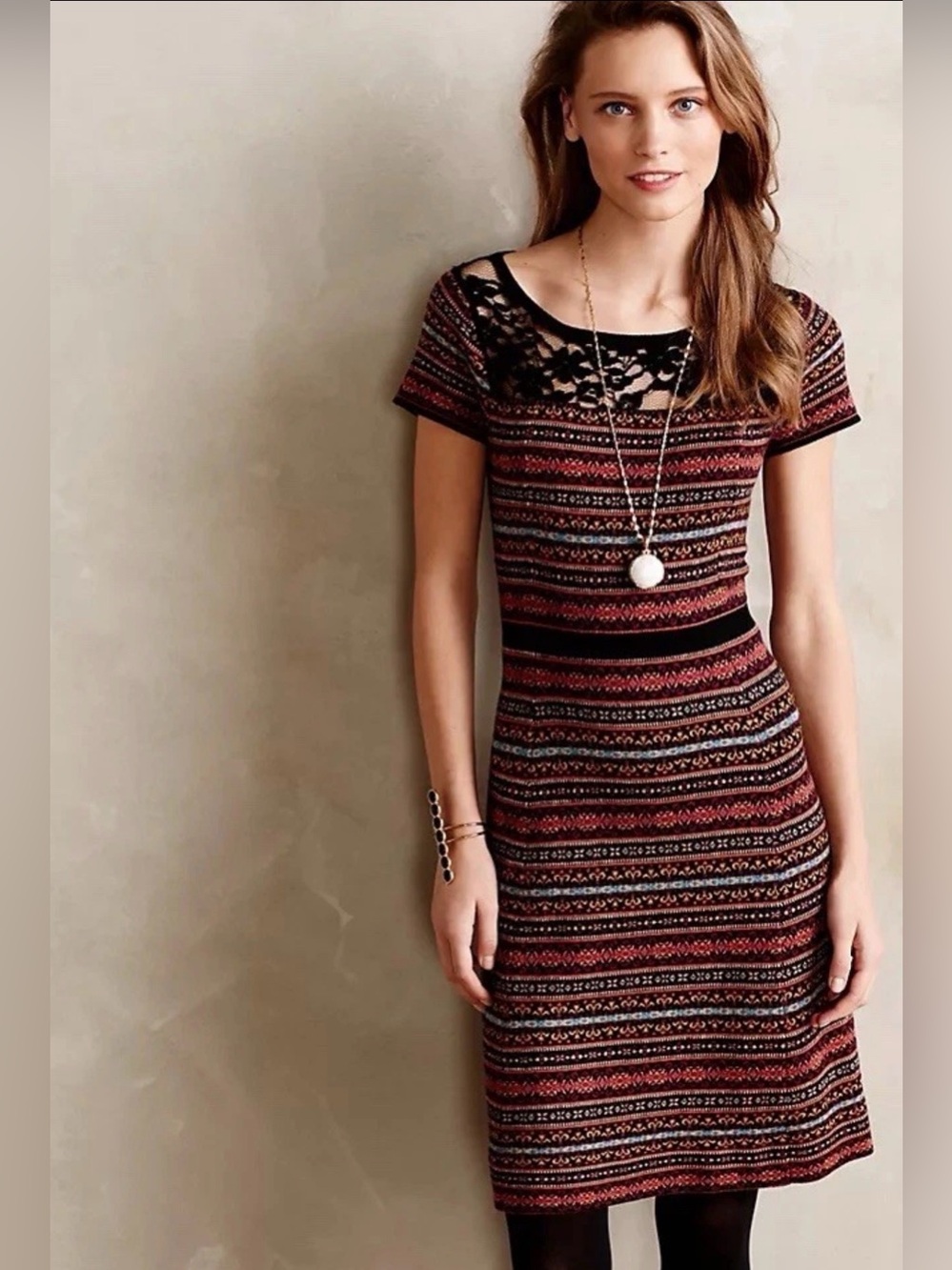 Anthropologie Sparrow Fair Isle Stripe Lace Knit Sweater Dress Wool Large